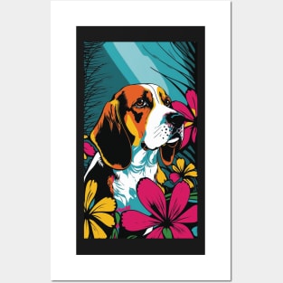 Beagle Dog Vibrant Tropical Flower Tall Retro Vintage Digital Pop Art Portrait 2 Posters and Art